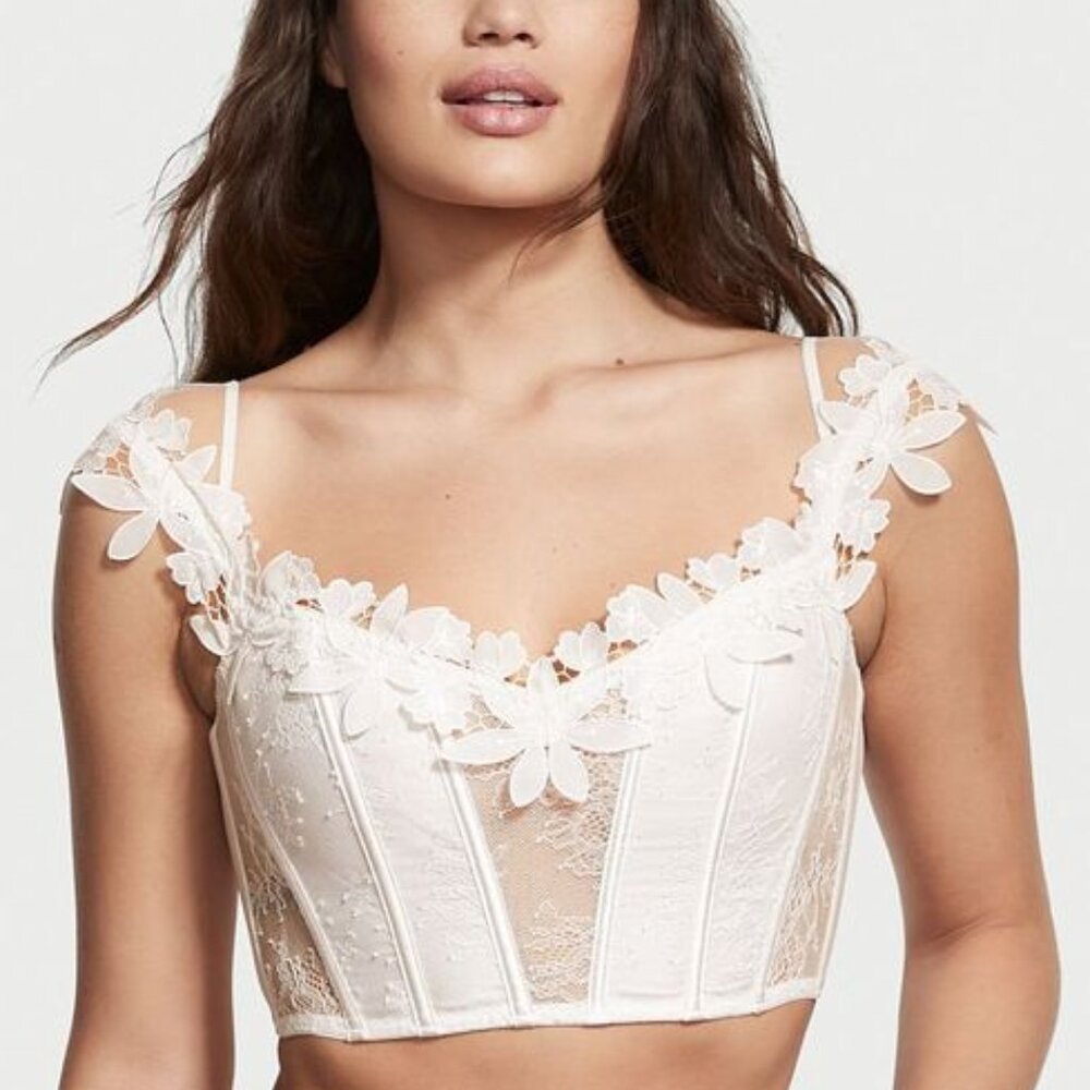 Victoria's Secret Coconut White Unlined Floral Embroidery Corset Top (M)